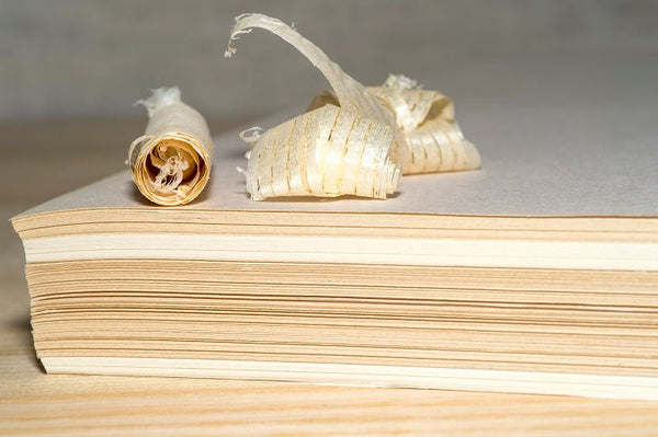 Holzspäne auf Papierstapel - das Konzept holzfreies Papier