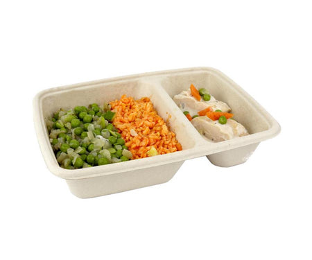 300x BePulp Zuckerrohr-Container rechteckig, 2-geteilt – Menüschale aus Bagasse, kompostierbar, 230 x 170 x 45 mm