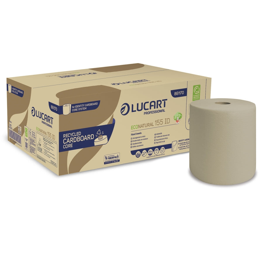6 Rollen Lucart Handtuchrolle EcoNatural 208 mm x 155 lfm – 2-lagig, braun, lebensmittelecht, für Autocut-System, Rollen mit Pappkern