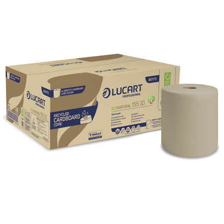 6 Rollen Lucart Handtuchrolle EcoNatural 208 mm x 155 lfm – 2-lagig, braun, lebensmittelecht, für Autocut-System, Rollen mit Pappkern