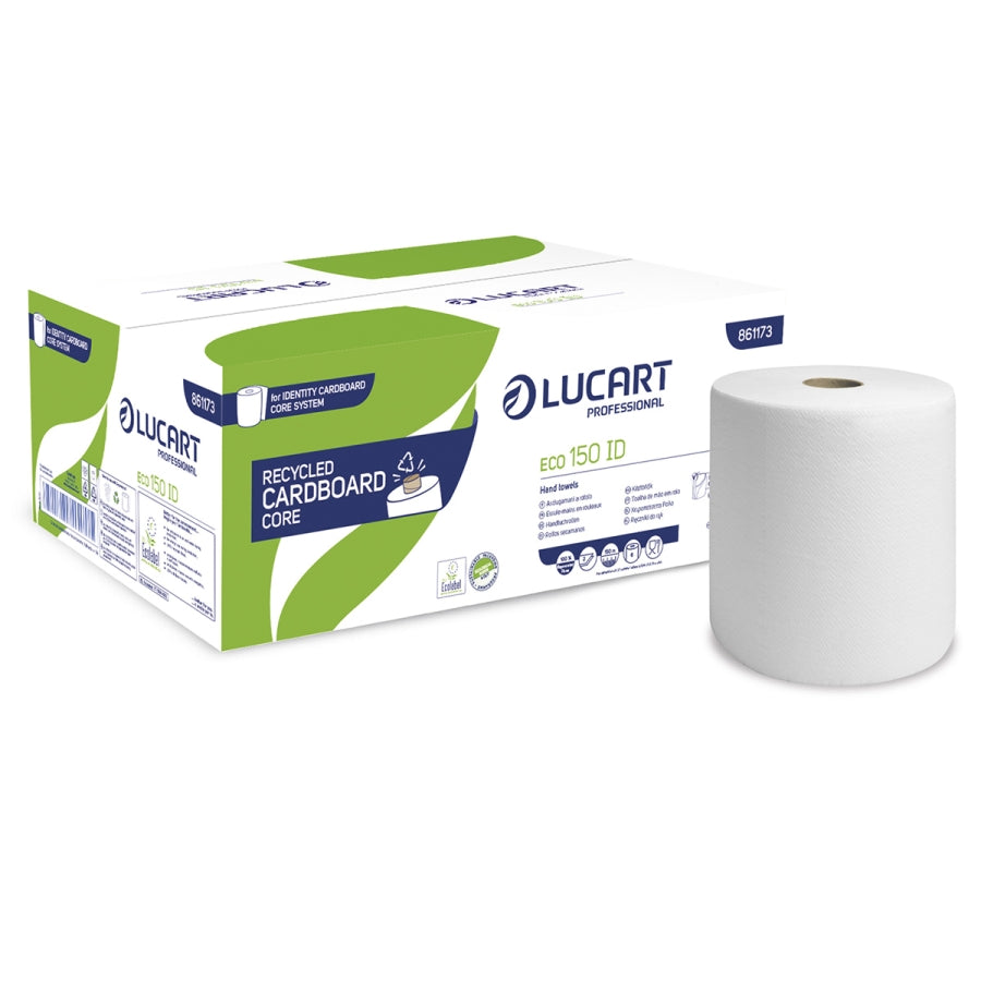6 Rollen Lucart Handtuchrolle EcoNatural 208 mm x 150 lfm – 2-lagig, weiß, lebensmittelecht, regenerierte Fasern, 536 Blatt
