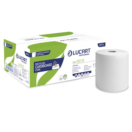 6 Rollen Lucart Handtuchrolle EcoNatural 208 mm x 150 lfm – 2-lagig, weiß, lebensmittelecht, regenerierte Fasern, 536 Blatt