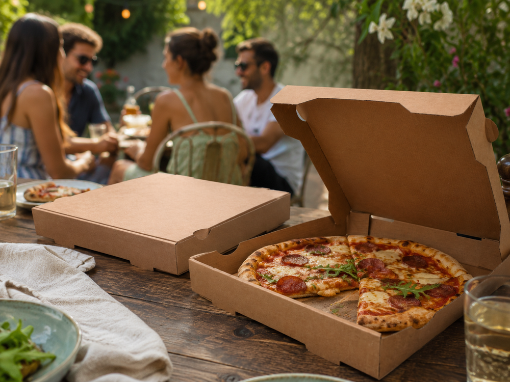 100x G2N Pizzakarton – stabiler Karton, kraftbraun, aus Mikrowellenpappe, FSC®-zertifiziert