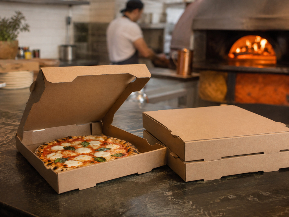 100x G2N Pizzakarton – stabiler Karton, kraftbraun, aus Mikrowellenpappe, FSC®-zertifiziert