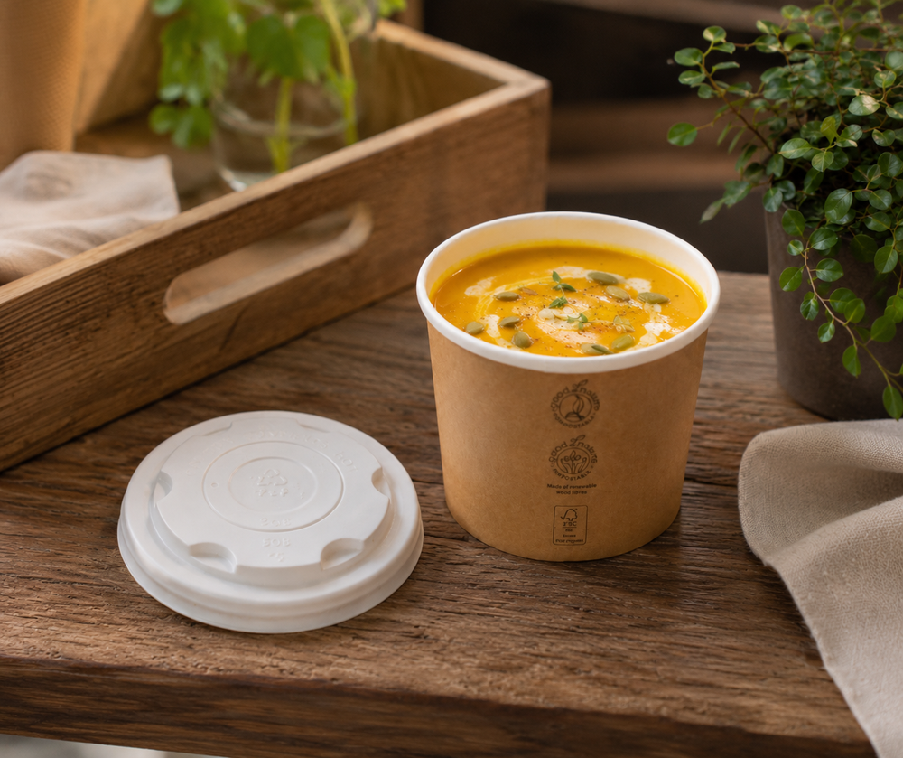 500x G2N Deli-Soup Container – Suppenbecher aus Karton mit PLA-Beschichtung, FSC®-zertifiziert – Beispielbild im Einsatz