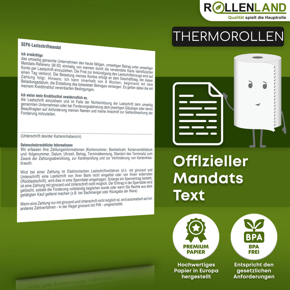 40 Thermorollen 80x80x12, 80 m mit SEPA Lastschrift-Aufdruck, ohne Bisphenol-A (BPA)
